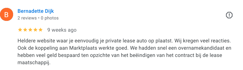 Een 5 sterren review voor privateleaseovernemen.nl van Bernadette vanaf Google